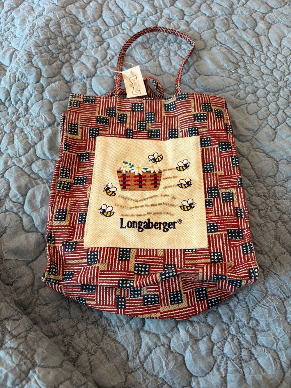 Longaberger Red, Navy & Cream Embroidered Bee Tote Vinatge